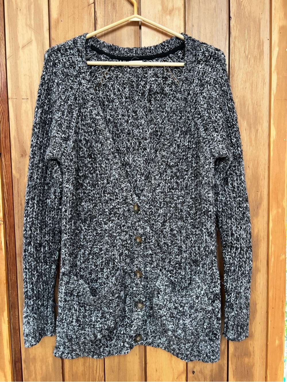 Garage Marled Knit Button-Front Cardigan Sweater Black White Pockets XS/S